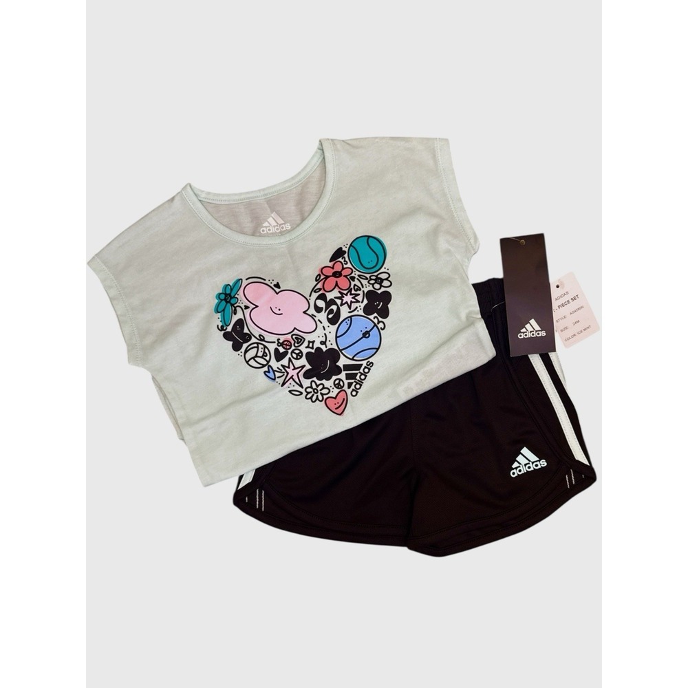 Adidas Toddler Girls 2PC Outfit Set Iced Mint Shirt + Black Shorts New Tags 24M